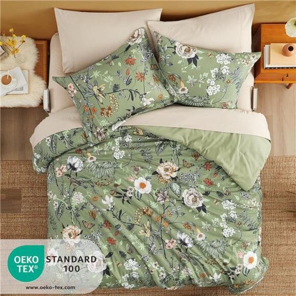 King Size Comforter Set, 7 PCS Green Floral Comforter Set - Picture 3 of 7